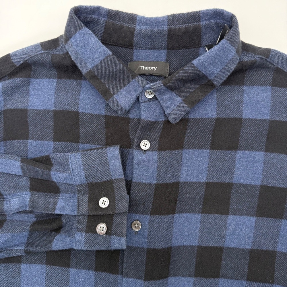Theory Irving Flannel Shirt Mens XL Blue Black Buffalo Check Plaid Button Down